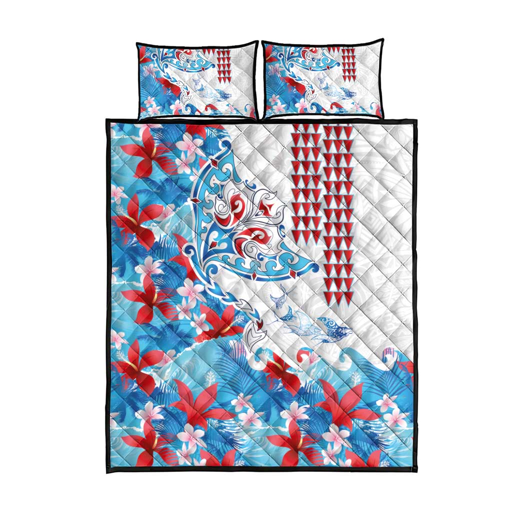 Hawaiian Tribal Manta Ray Quilt Bed Set Kakau Tattoo and Flowers Surfing Waves Pattern Ocean Color LT03 - Polynesian Pride