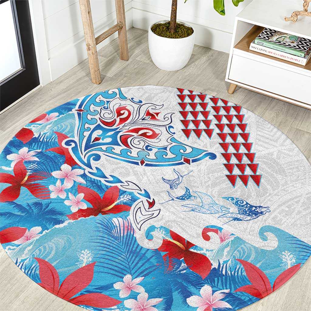 Hawaiian Tribal Manta Ray Round Carpet Kakau Tattoo and Flowers Surfing Waves Pattern Ocean Color LT03 Multicolor - Polynesian Pride