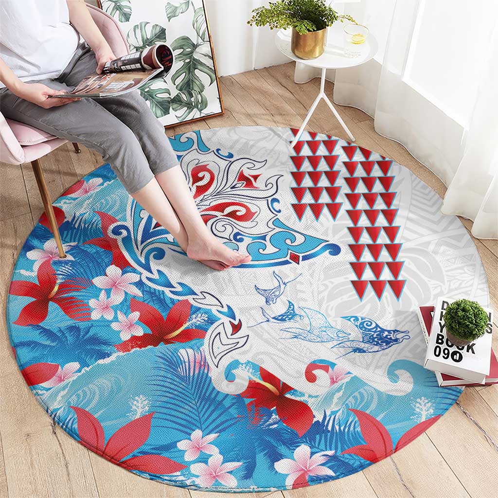 Hawaiian Tribal Manta Ray Round Carpet Kakau Tattoo and Flowers Surfing Waves Pattern Ocean Color LT03 - Polynesian Pride