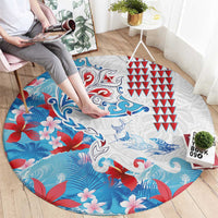 Hawaiian Tribal Manta Ray Round Carpet Kakau Tattoo and Flowers Surfing Waves Pattern Ocean Color LT03 - Polynesian Pride