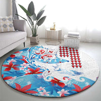 Hawaiian Tribal Manta Ray Round Carpet Kakau Tattoo and Flowers Surfing Waves Pattern Ocean Color LT03 - Polynesian Pride