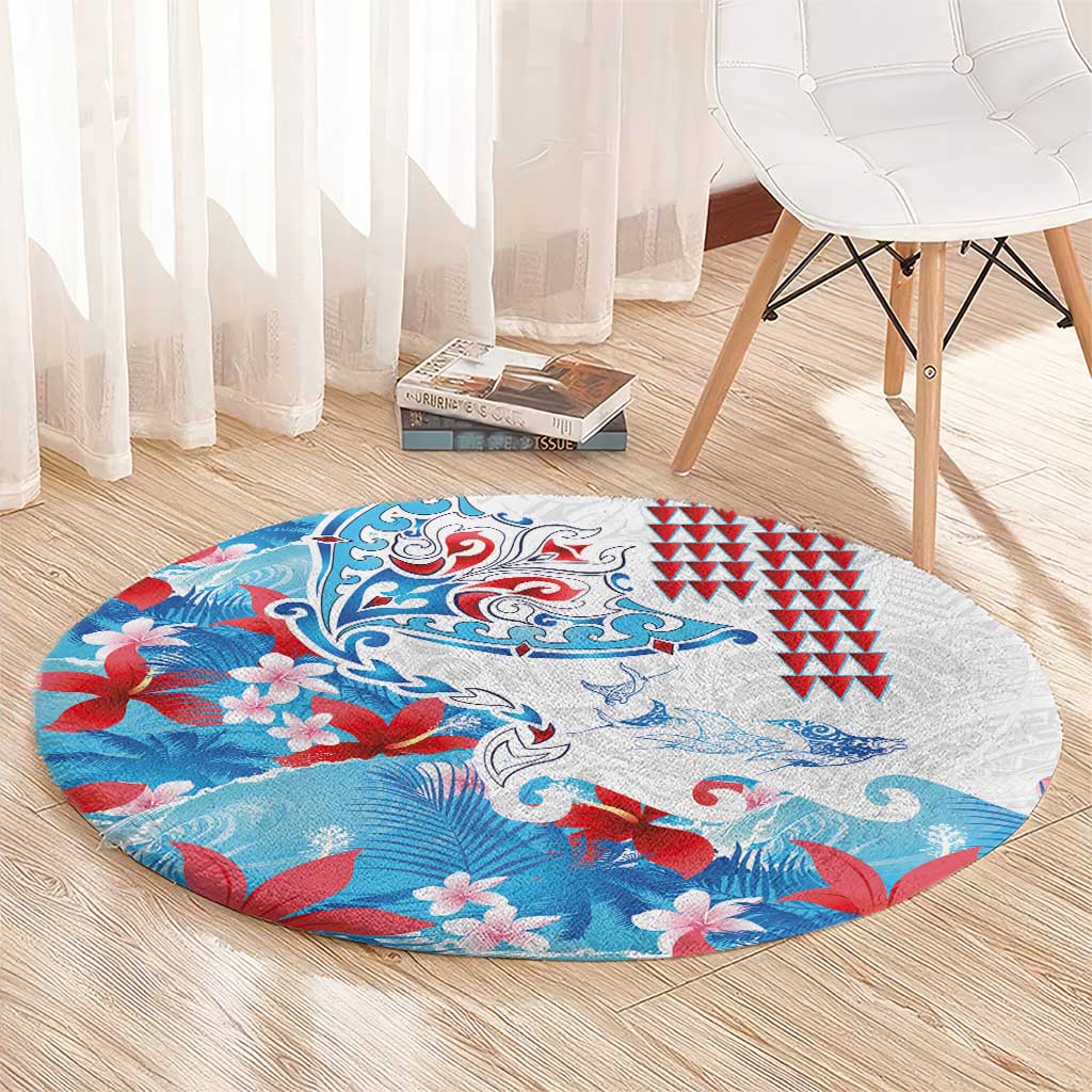 Hawaiian Tribal Manta Ray Round Carpet Kakau Tattoo and Flowers Surfing Waves Pattern Ocean Color LT03 - Polynesian Pride