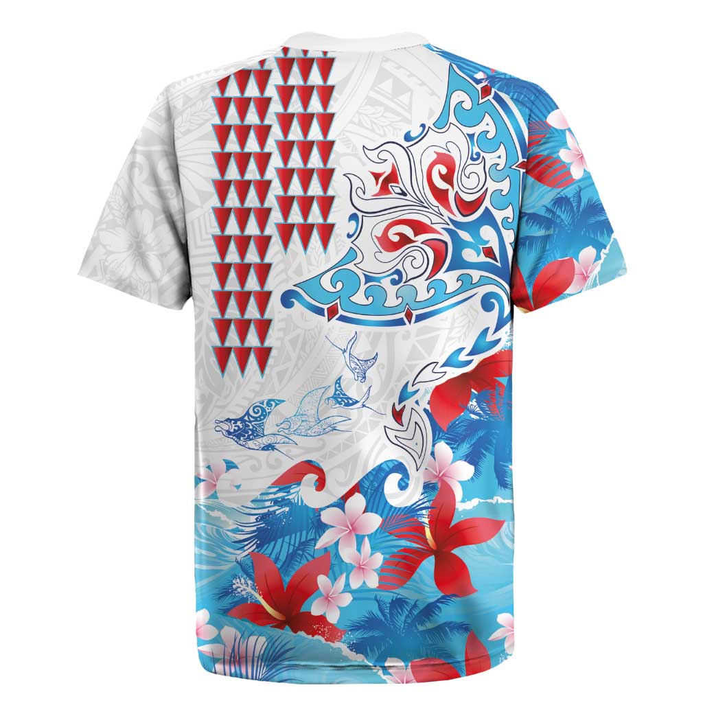 Hawaiian Tribal Manta Ray Rugby Jersey Kakau Tattoo and Flowers Surfing Waves Pattern Ocean Color LT03 - Polynesian Pride
