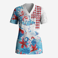 Hawaiian Tribal Manta Ray Scrub Top Kakau Tattoo and Flowers Surfing Waves Pattern Ocean Color