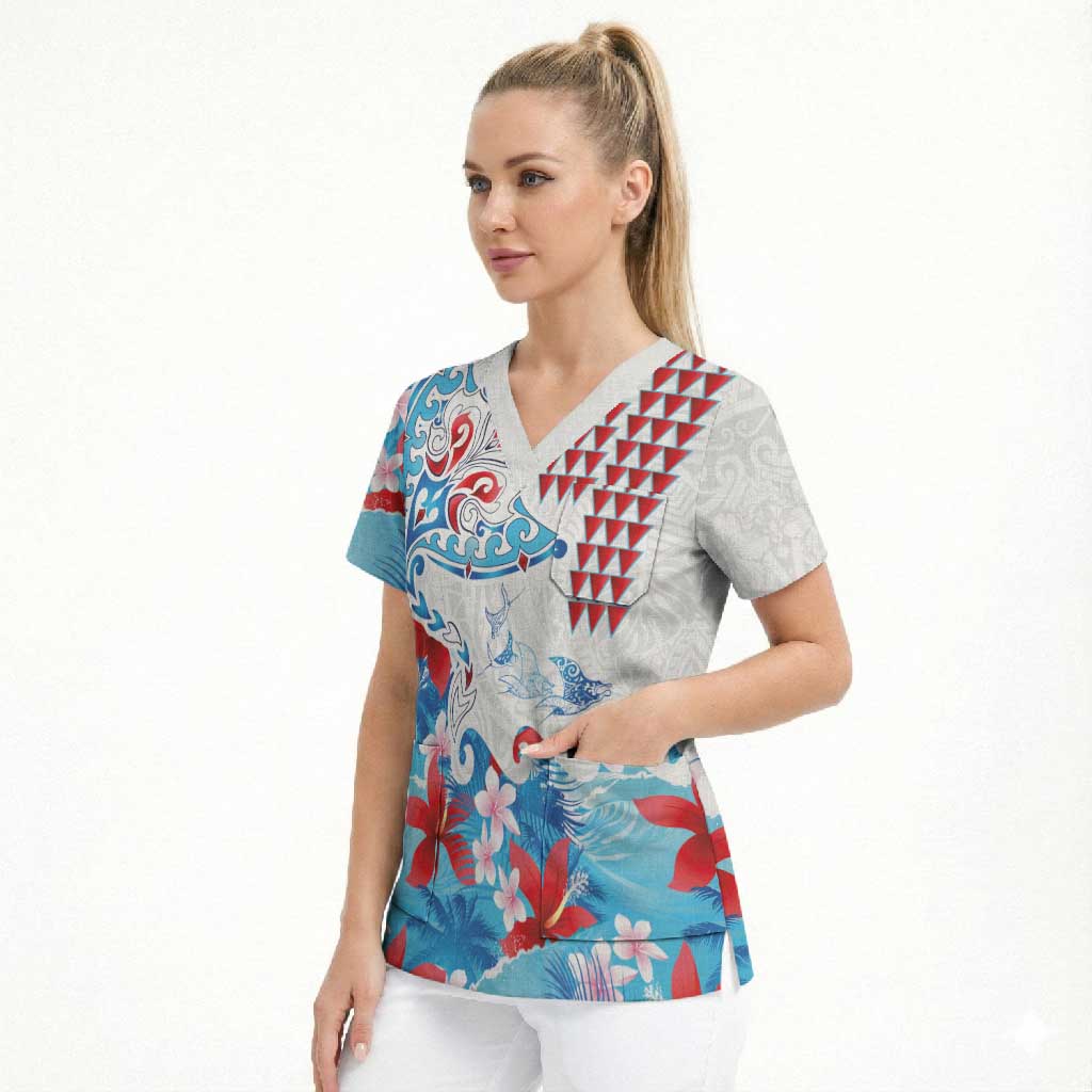 Hawaiian Tribal Manta Ray Scrub Top Kakau Tattoo and Flowers Surfing Waves Pattern Ocean Color