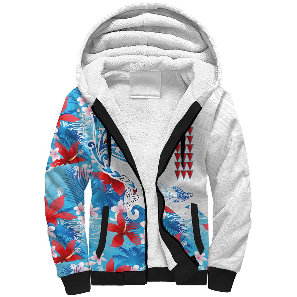 Hawaiian Tribal Manta Ray Sherpa Hoodie Kakau Tattoo and Flowers Surfing Waves Pattern Ocean Color