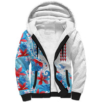 Hawaiian Tribal Manta Ray Sherpa Hoodie Kakau Tattoo and Flowers Surfing Waves Pattern Ocean Color