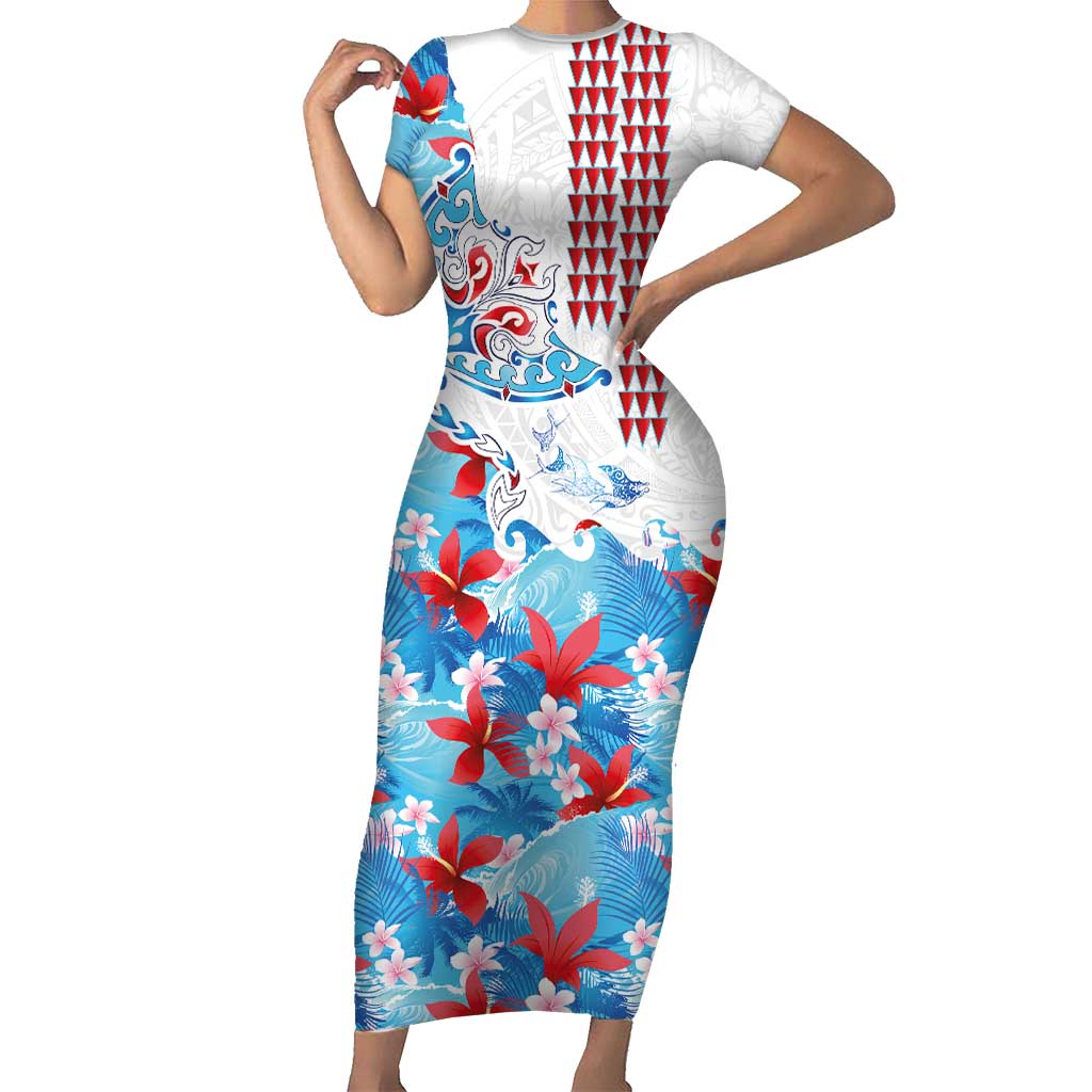 Hawaiian Tribal Manta Ray Short Sleeve Bodycon Dress Kakau Tattoo and Flowers Surfing Waves Pattern Ocean Color LT03 Long Dress Multicolor - Polynesian Pride