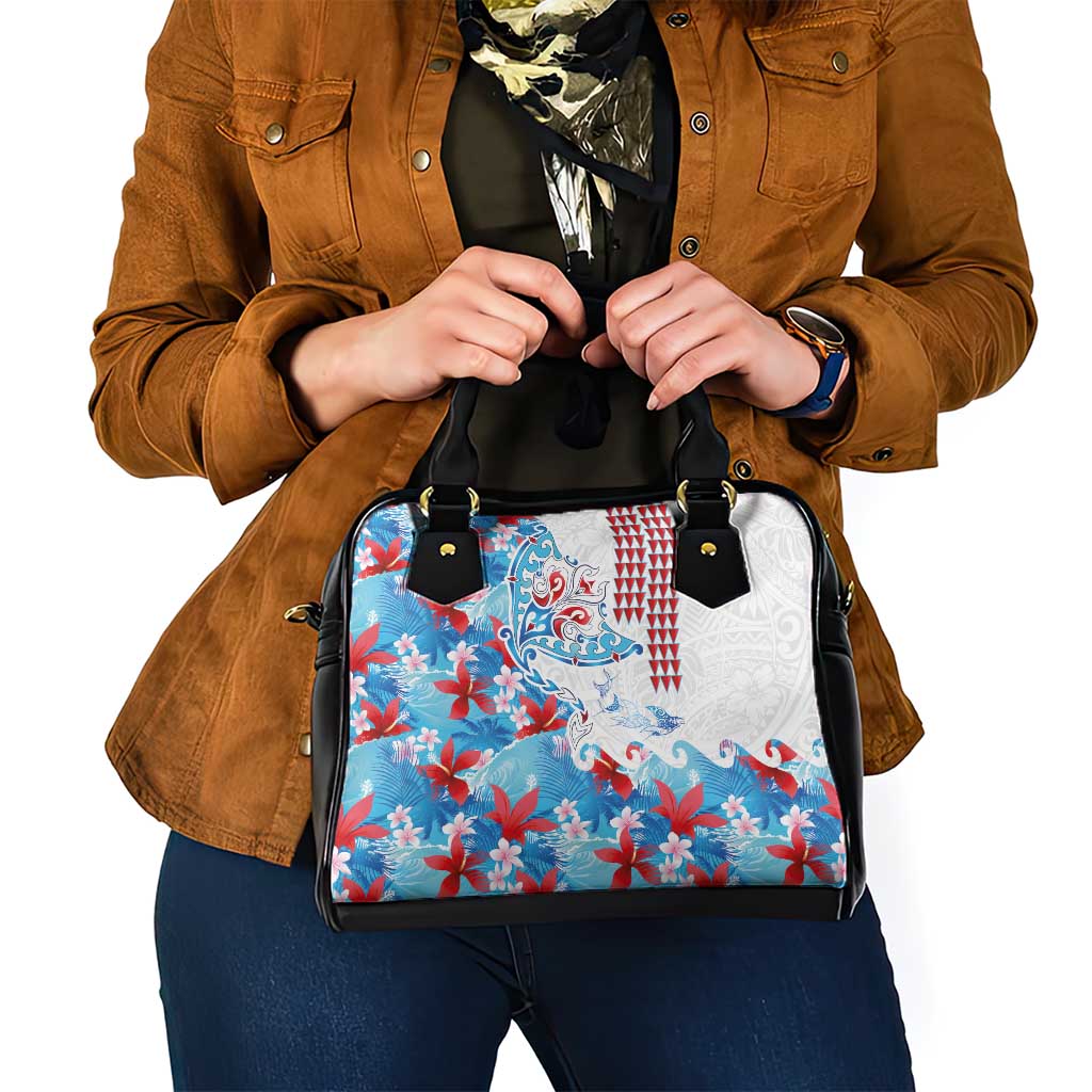 Hawaiian Tribal Manta Ray Shoulder Handbag Kakau Tattoo and Flowers Surfing Waves Pattern Ocean Color LT03 - Polynesian Pride