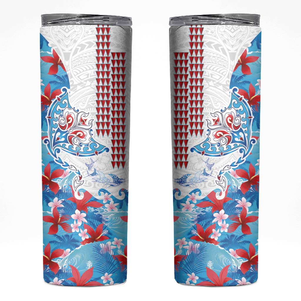 Hawaiian Tribal Manta Ray Skinny Tumbler Kakau Tattoo and Flowers Surfing Waves Pattern Ocean Color LT03 Multicolor - Polynesian Pride