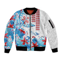 Hawaiian Tribal Manta Ray Sleeve Zip Bomber Jacket Kakau Tattoo and Flowers Surfing Waves Pattern Ocean Color LT03 Unisex Multicolor - Polynesian Pride