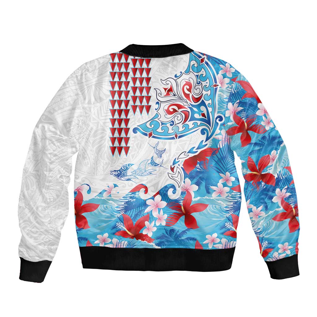 Hawaiian Tribal Manta Ray Sleeve Zip Bomber Jacket Kakau Tattoo and Flowers Surfing Waves Pattern Ocean Color LT03 - Polynesian Pride