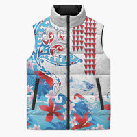 Hawaiian Tribal Manta Ray Sleeveless Puffer Jacket Kakau Tattoo and Flowers Surfing Waves Pattern Ocean Color LT03 Unisex Multicolor - Polynesian Pride