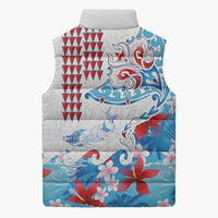 Hawaiian Tribal Manta Ray Sleeveless Puffer Jacket Kakau Tattoo and Flowers Surfing Waves Pattern Ocean Color LT03 - Polynesian Pride
