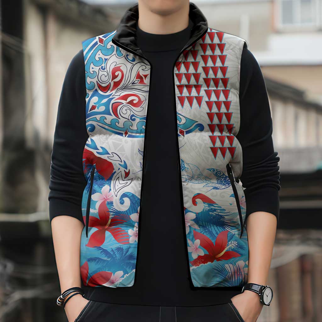 Hawaiian Tribal Manta Ray Sleeveless Puffer Jacket Kakau Tattoo and Flowers Surfing Waves Pattern Ocean Color LT03 - Polynesian Pride