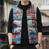 Hawaiian Tribal Manta Ray Sleeveless Puffer Jacket Kakau Tattoo and Flowers Surfing Waves Pattern Ocean Color LT03 - Polynesian Pride