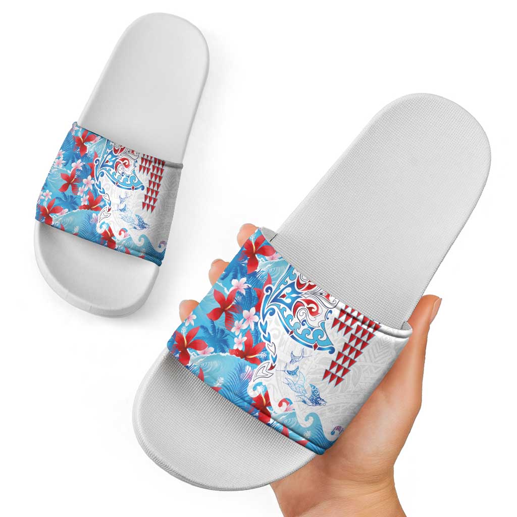 Hawaiian Tribal Manta Ray Slide Sandals Kakau Tattoo and Flowers Surfing Waves Pattern Ocean Color LT03 - Polynesian Pride