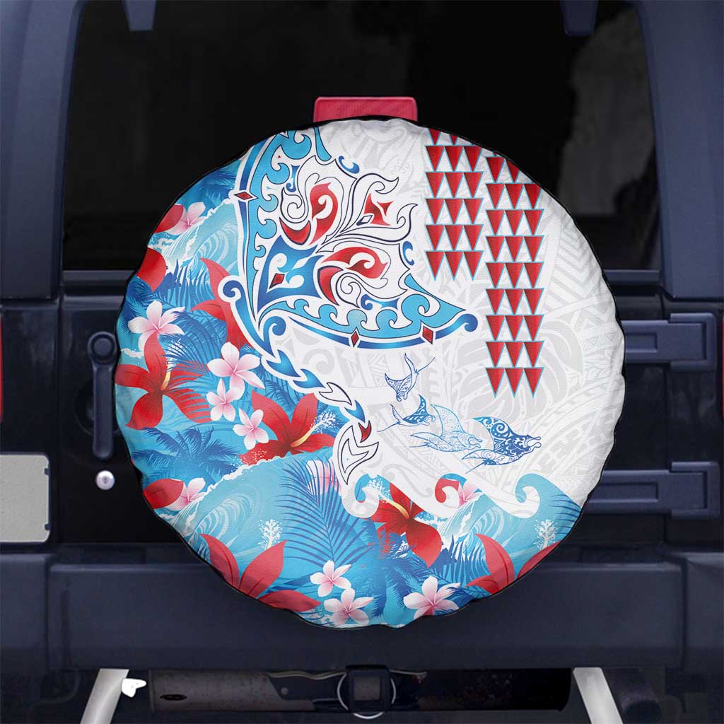 Hawaiian Tribal Manta Ray Spare Tire Cover Kakau Tattoo and Flowers Surfing Waves Pattern Ocean Color LT03 No hole Multicolor - Polynesian Pride