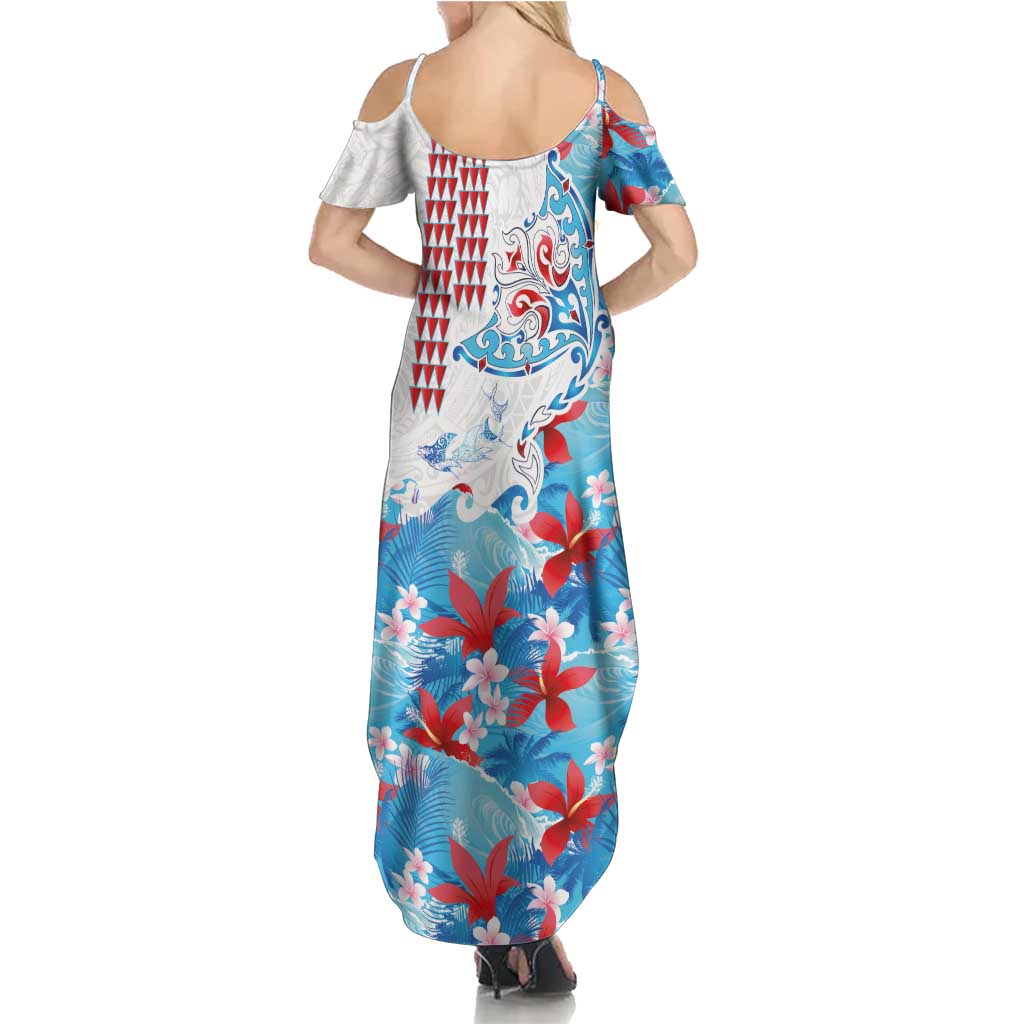 Hawaiian Tribal Manta Ray Summer Maxi Dress Kakau Tattoo and Flowers Surfing Waves Pattern Ocean Color LT03 - Polynesian Pride
