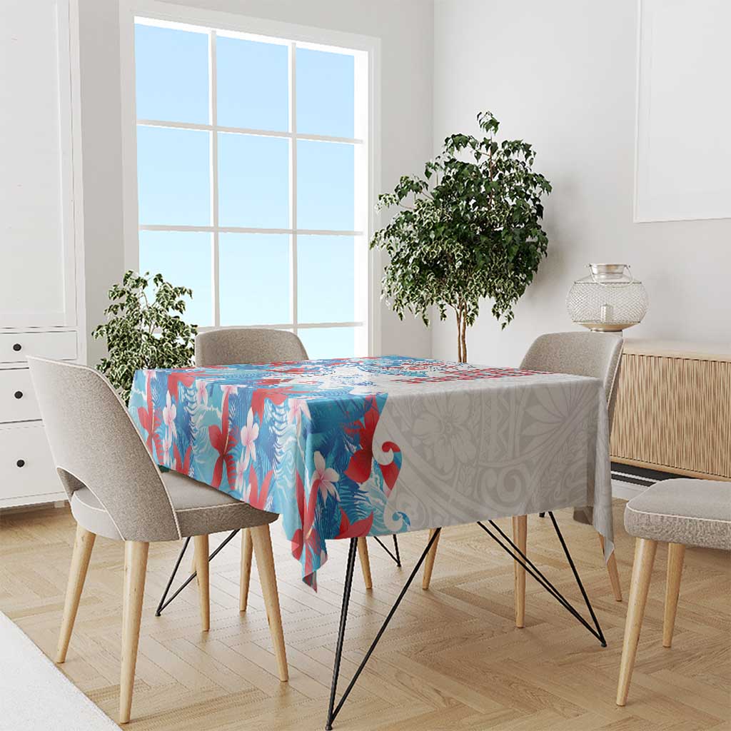 Hawaiian Tribal Manta Ray Tablecloth Kakau Tattoo and Flowers Surfing Waves Pattern Ocean Color