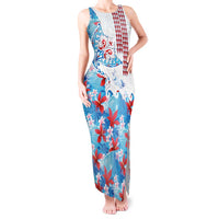 Hawaiian Tribal Manta Ray Tank Maxi Dress Kakau Tattoo and Flowers Surfing Waves Pattern Ocean Color