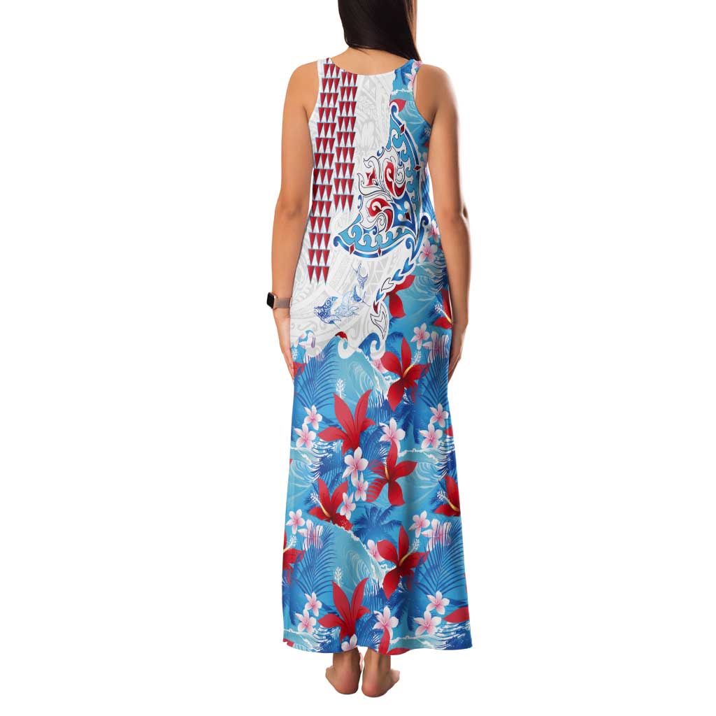 Hawaiian Tribal Manta Ray Tank Maxi Dress Kakau Tattoo and Flowers Surfing Waves Pattern Ocean Color