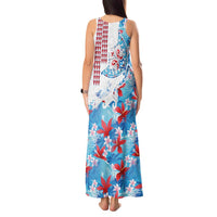 Hawaiian Tribal Manta Ray Tank Maxi Dress Kakau Tattoo and Flowers Surfing Waves Pattern Ocean Color