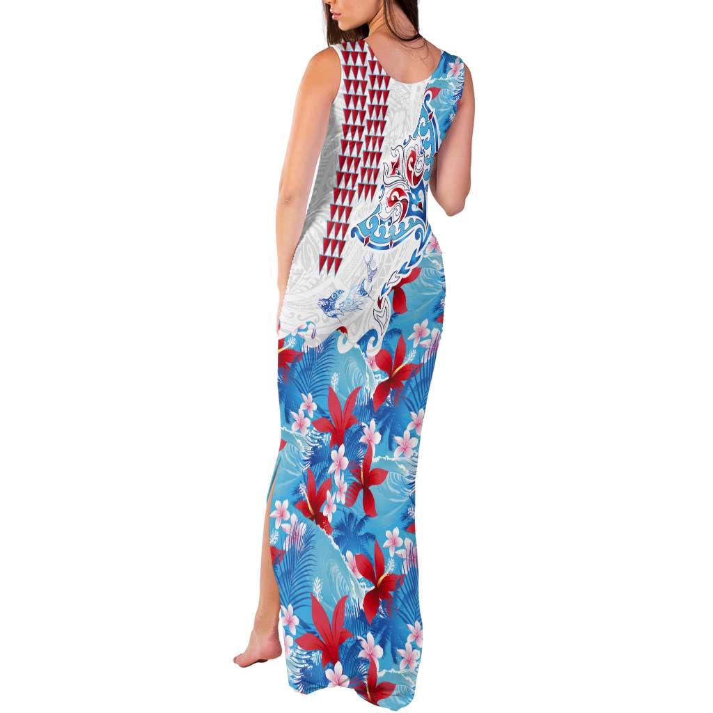 Hawaiian Tribal Manta Ray Tank Maxi Dress Kakau Tattoo and Flowers Surfing Waves Pattern Ocean Color