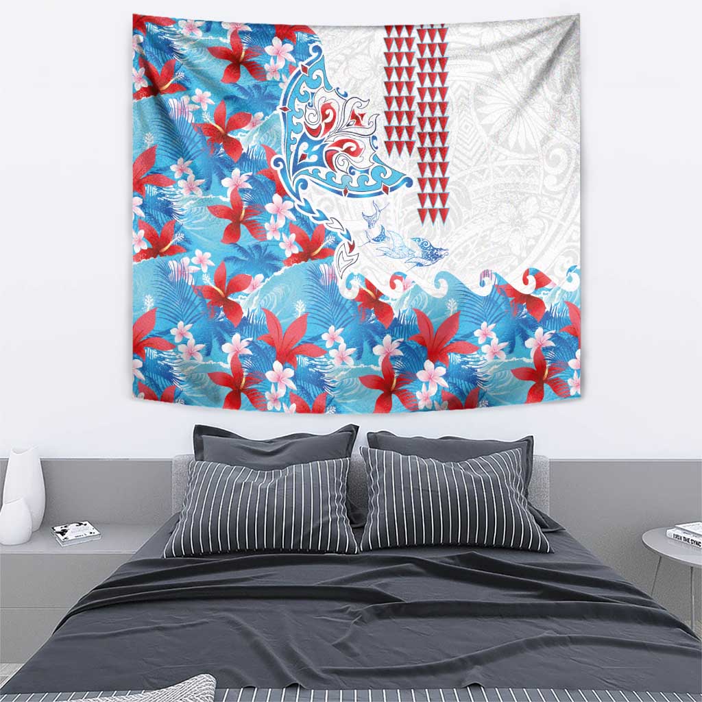 Hawaiian Tribal Manta Ray Tapestry Kakau Tattoo and Flowers Surfing Waves Pattern Ocean Color LT03 - Polynesian Pride