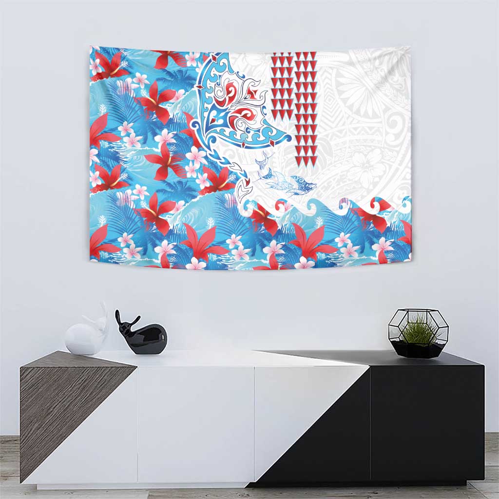 Hawaiian Tribal Manta Ray Tapestry Kakau Tattoo and Flowers Surfing Waves Pattern Ocean Color LT03 - Polynesian Pride
