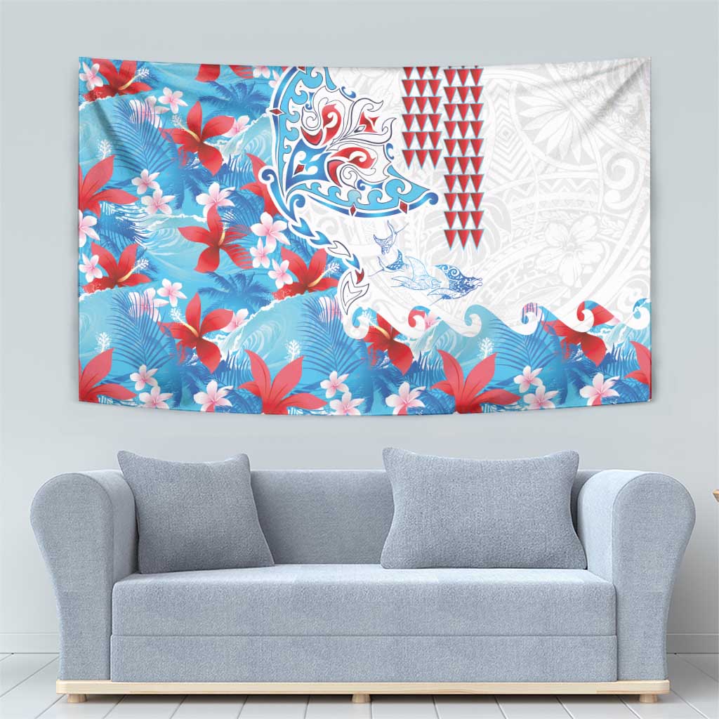 Hawaiian Tribal Manta Ray Tapestry Kakau Tattoo and Flowers Surfing Waves Pattern Ocean Color LT03 - Polynesian Pride