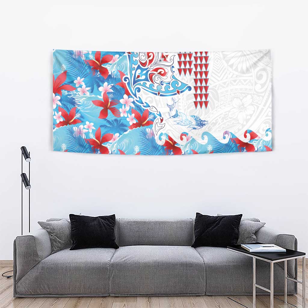 Hawaiian Tribal Manta Ray Tapestry Kakau Tattoo and Flowers Surfing Waves Pattern Ocean Color LT03 - Polynesian Pride