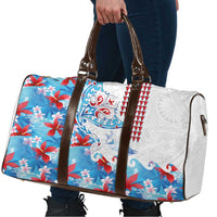 Hawaiian Tribal Manta Ray Travel Bag Kakau Tattoo and Flowers Surfing Waves Pattern Ocean Color
