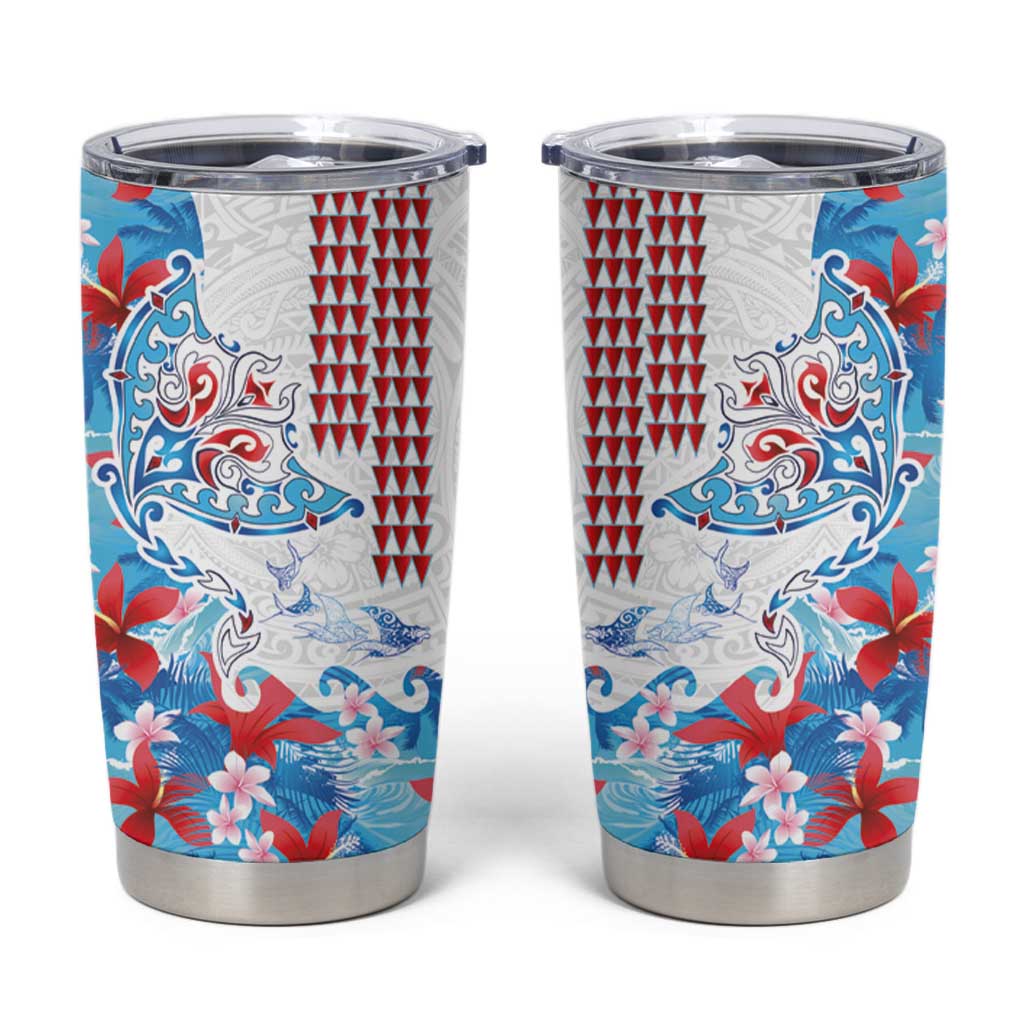 Hawaiian Tribal Manta Ray Tumbler Cup Kakau Tattoo and Flowers Surfing Waves Pattern Ocean Color LT03 Multicolor - Polynesian Pride