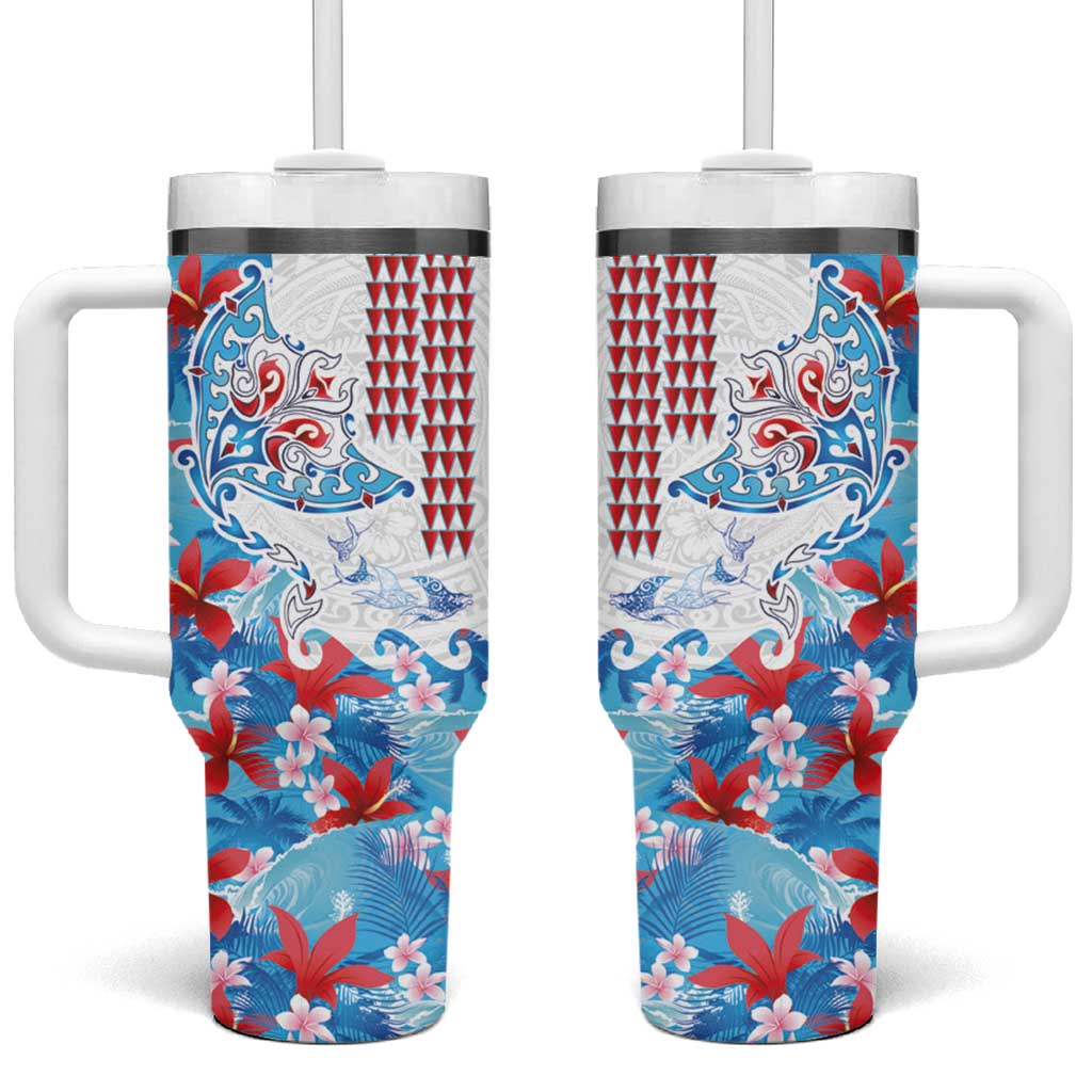 Hawaiian Tribal Manta Ray Tumbler With Handle Kakau Tattoo and Flowers Surfing Waves Pattern Ocean Color LT03 One Size: 40 oz Multicolor - Polynesian Pride