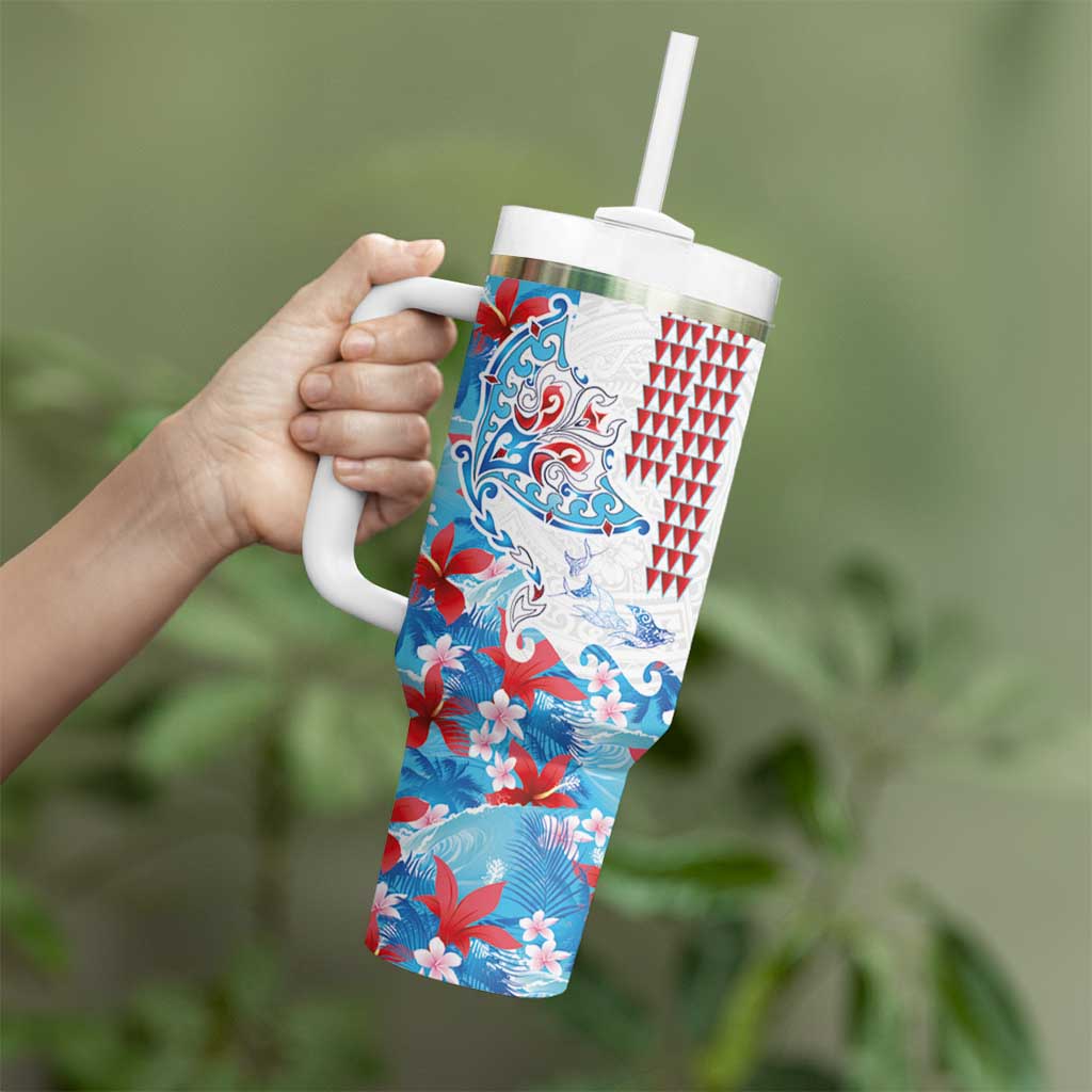 Hawaiian Tribal Manta Ray Tumbler With Handle Kakau Tattoo and Flowers Surfing Waves Pattern Ocean Color LT03 - Polynesian Pride
