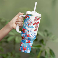 Hawaiian Tribal Manta Ray Tumbler With Handle Kakau Tattoo and Flowers Surfing Waves Pattern Ocean Color LT03 - Polynesian Pride