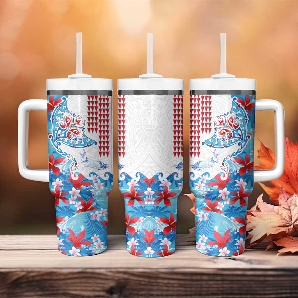 Hawaiian Tribal Manta Ray Tumbler With Handle Kakau Tattoo and Flowers Surfing Waves Pattern Ocean Color LT03 - Polynesian Pride