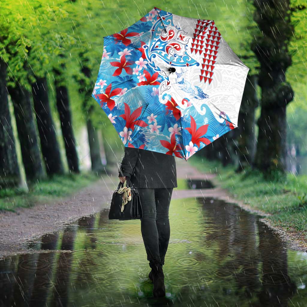 Hawaiian Tribal Manta Ray Umbrella Kakau Tattoo and Flowers Surfing Waves Pattern Ocean Color LT03 - Polynesian Pride