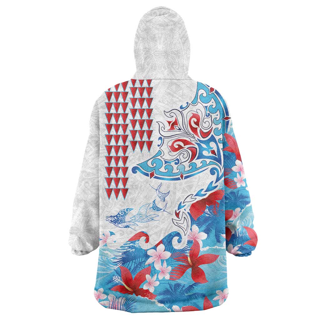Hawaiian Tribal Manta Ray Wearable Blanket Hoodie Kakau Tattoo and Flowers Surfing Waves Pattern Ocean Color