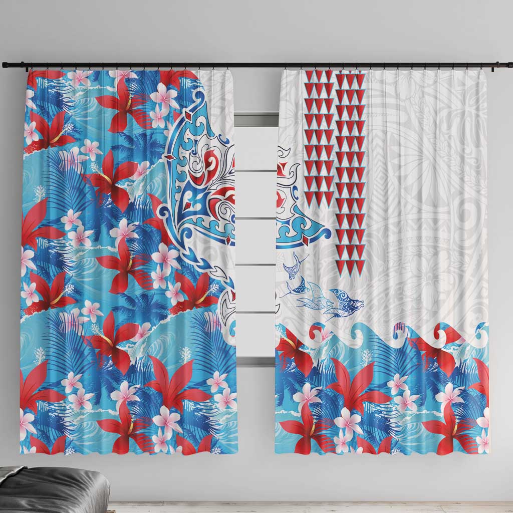 Hawaiian Tribal Manta Ray Window Curtain Kakau Tattoo and Flowers Surfing Waves Pattern Ocean Color