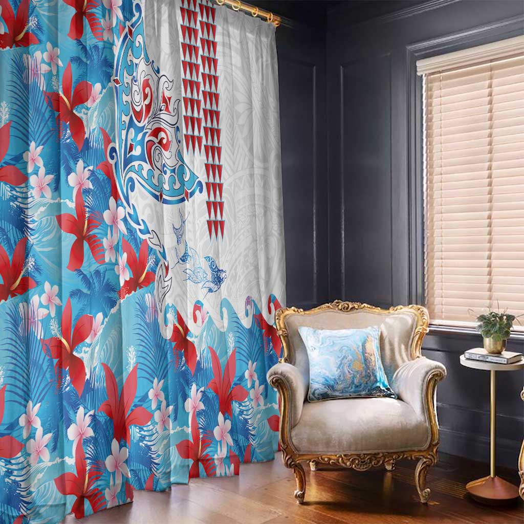 Hawaiian Tribal Manta Ray Window Curtain Kakau Tattoo and Flowers Surfing Waves Pattern Ocean Color LT03 - Polynesian Pride