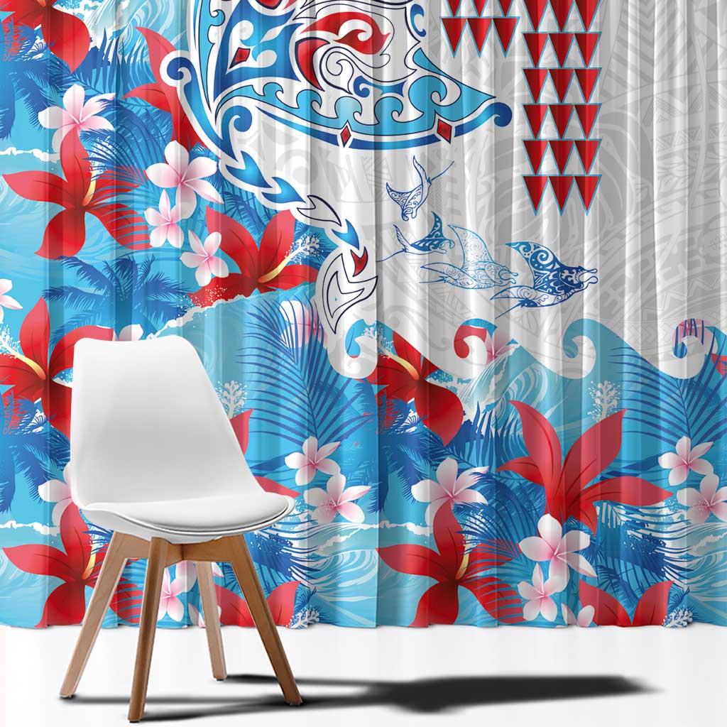 Hawaiian Tribal Manta Ray Window Curtain Kakau Tattoo and Flowers Surfing Waves Pattern Ocean Color LT03 - Polynesian Pride