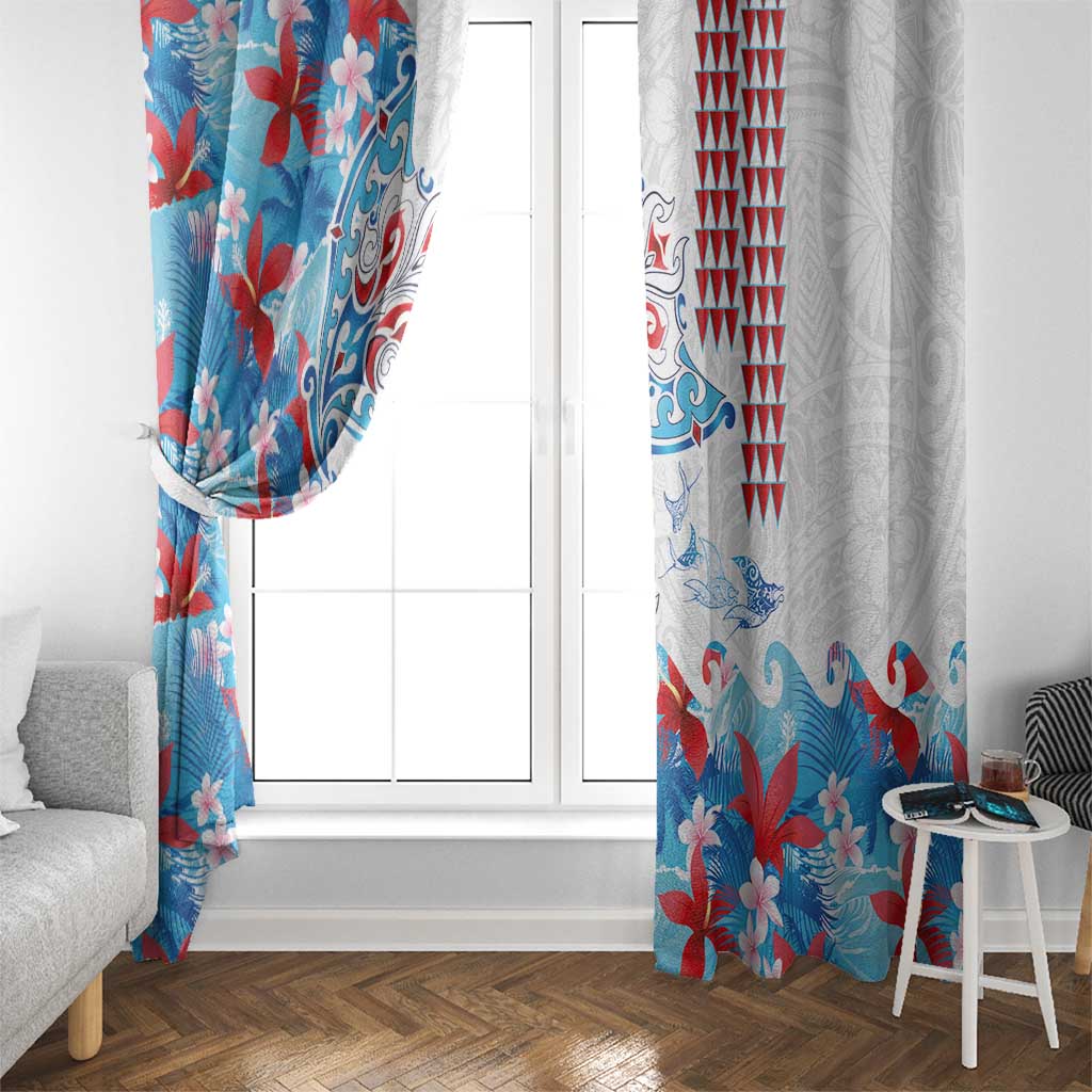 Hawaiian Tribal Manta Ray Window Curtain Kakau Tattoo and Flowers Surfing Waves Pattern Ocean Color LT03 - Polynesian Pride
