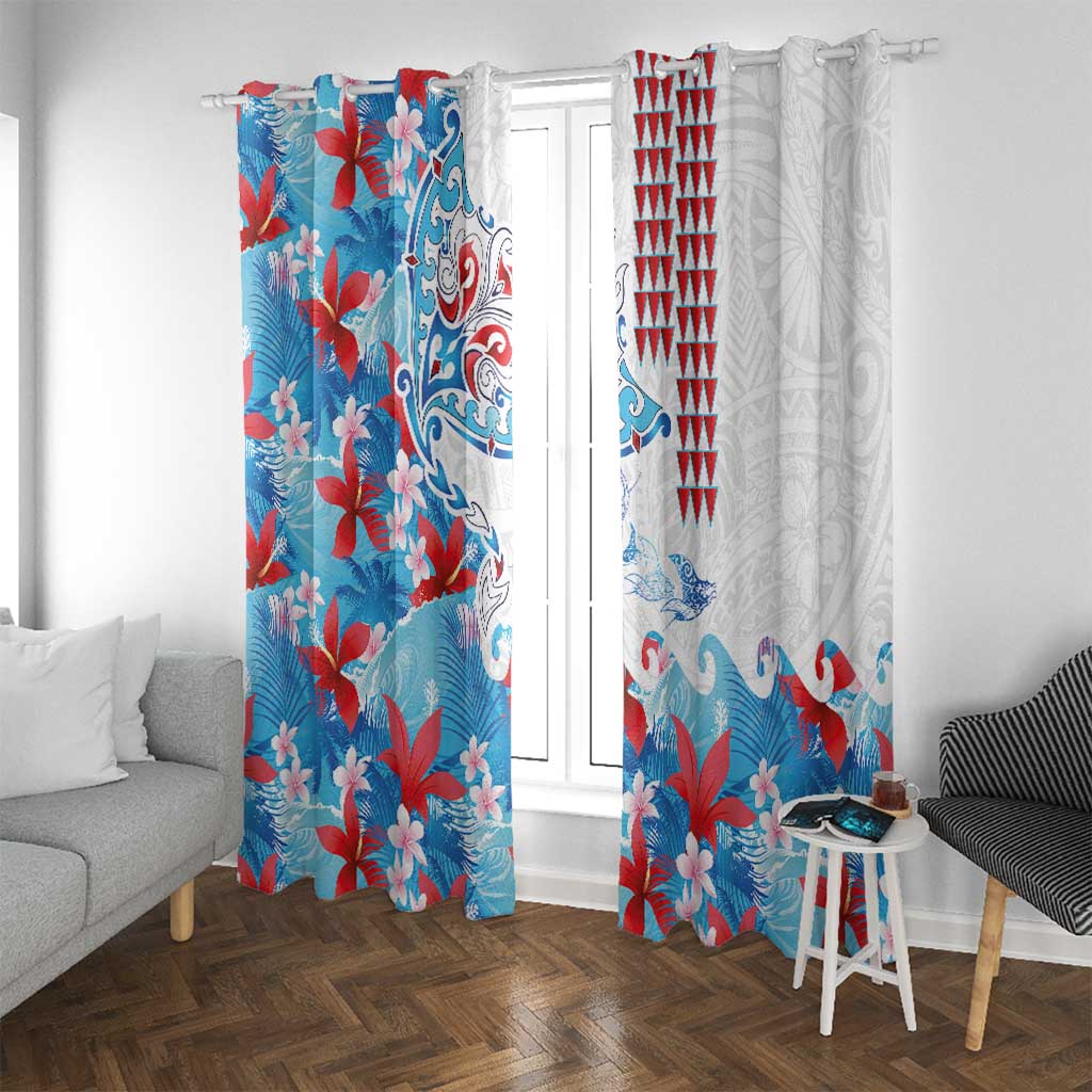 Hawaiian Tribal Manta Ray Window Curtain Kakau Tattoo and Flowers Surfing Waves Pattern Ocean Color LT03 With Grommets Multicolor - Polynesian Pride