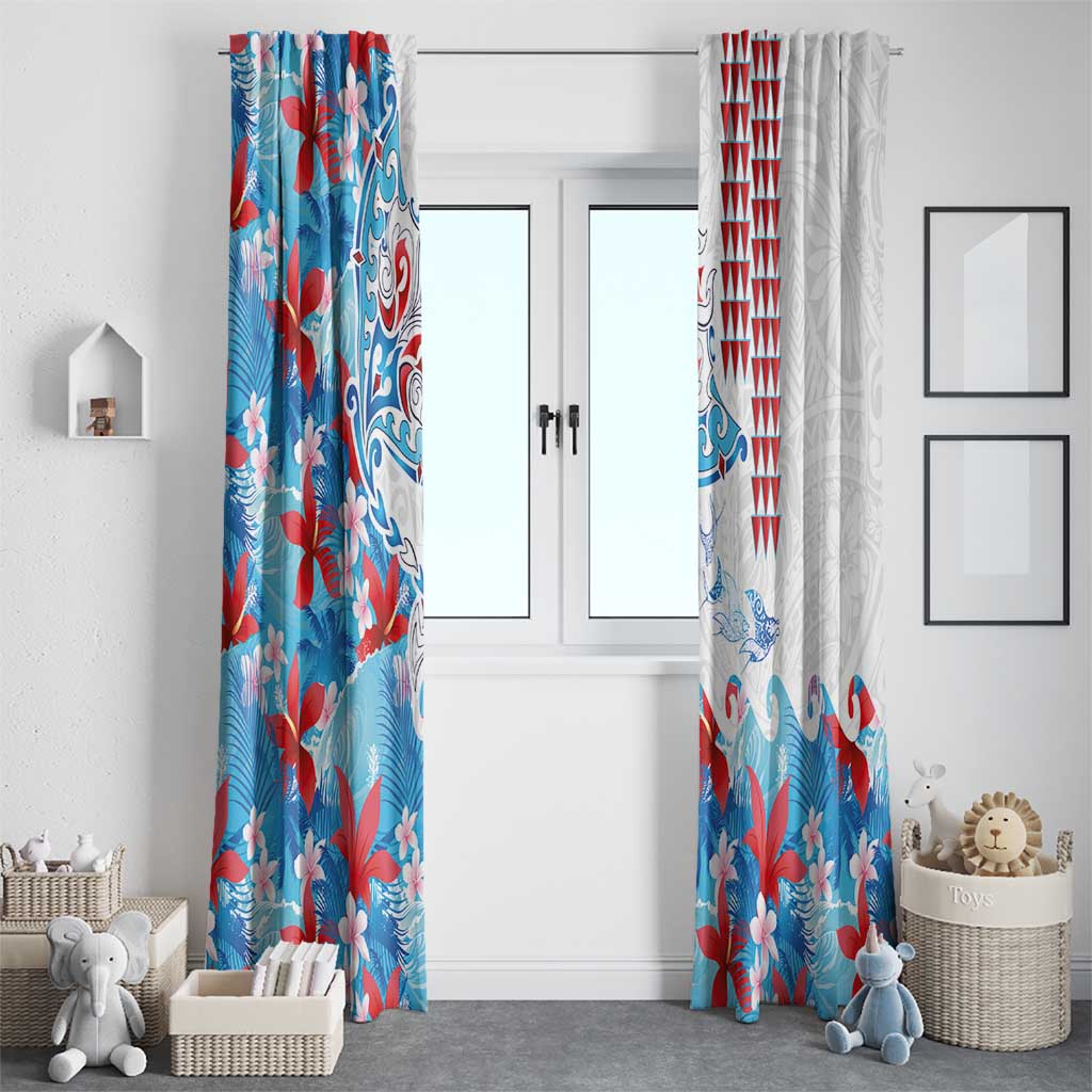 Hawaiian Tribal Manta Ray Window Curtain Kakau Tattoo and Flowers Surfing Waves Pattern Ocean Color LT03 - Polynesian Pride