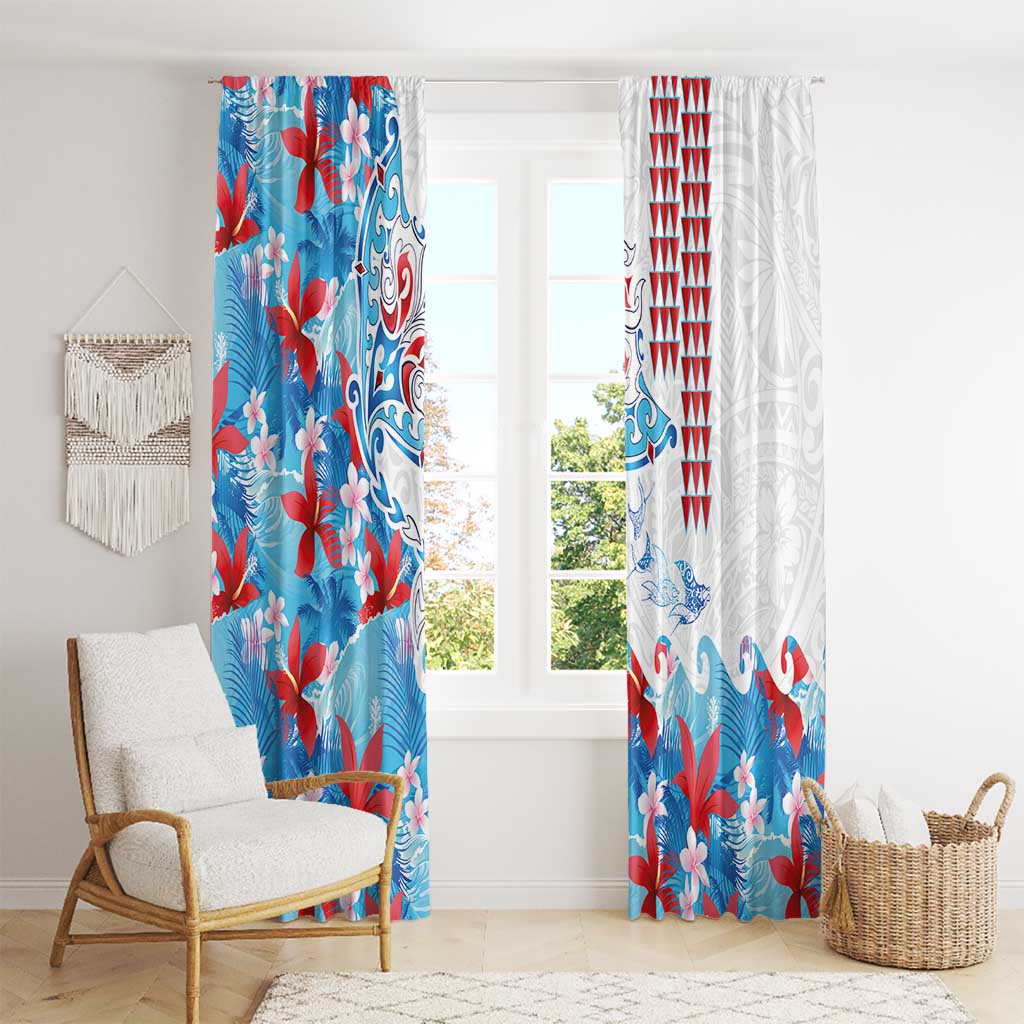 Hawaiian Tribal Manta Ray Window Curtain Kakau Tattoo and Flowers Surfing Waves Pattern Ocean Color LT03 - Polynesian Pride