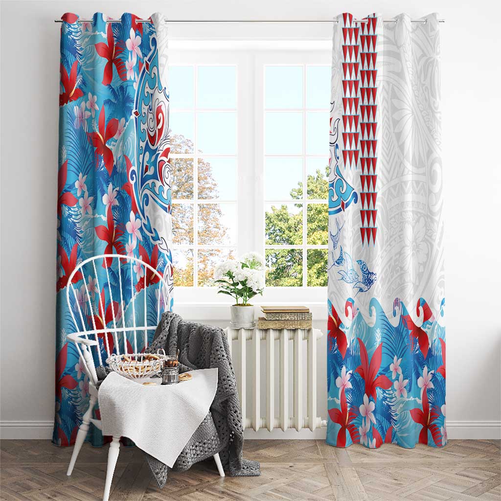 Hawaiian Tribal Manta Ray Window Curtain Kakau Tattoo and Flowers Surfing Waves Pattern Ocean Color LT03 - Polynesian Pride