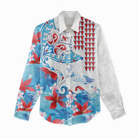 Hawaiian Tribal Manta Ray Women Casual Shirt Kakau Tattoo and Flowers Surfing Waves Pattern Ocean Color