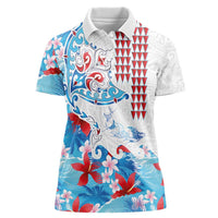Hawaiian Tribal Manta Ray Women Polo Shirt Kakau Tattoo and Flowers Surfing Waves Pattern Ocean Color